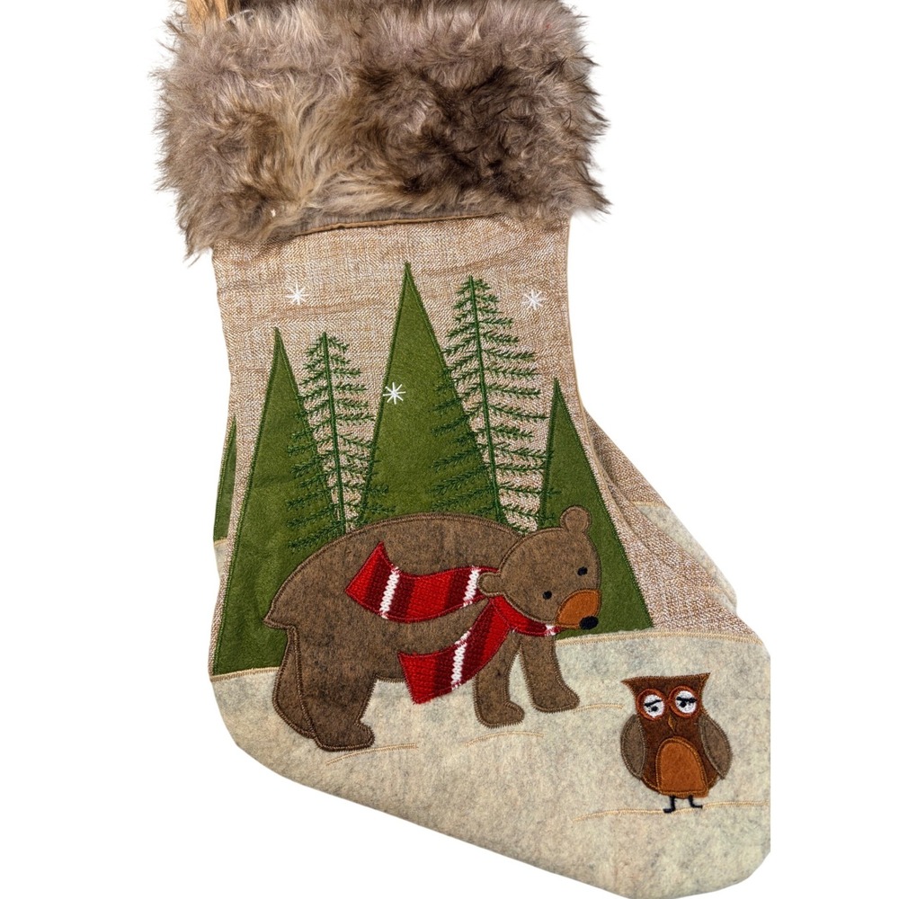 Woodland Bear Owl Christmas Stocking Faux Fur Trim Burlap Cabin Rustic Holiday